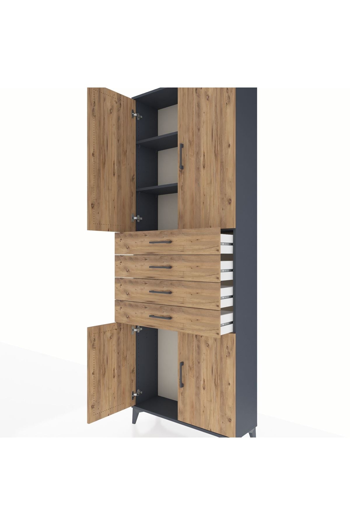 Arges Dolap 3 Raflı 4 Çekmeceli 4 Kapaklı 88x30x243 Antrasit-Çam