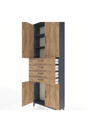 Arges Dolap 3 Raflı 4 Çekmeceli 4 Kapaklı 88x30x243 Antrasit-Çam