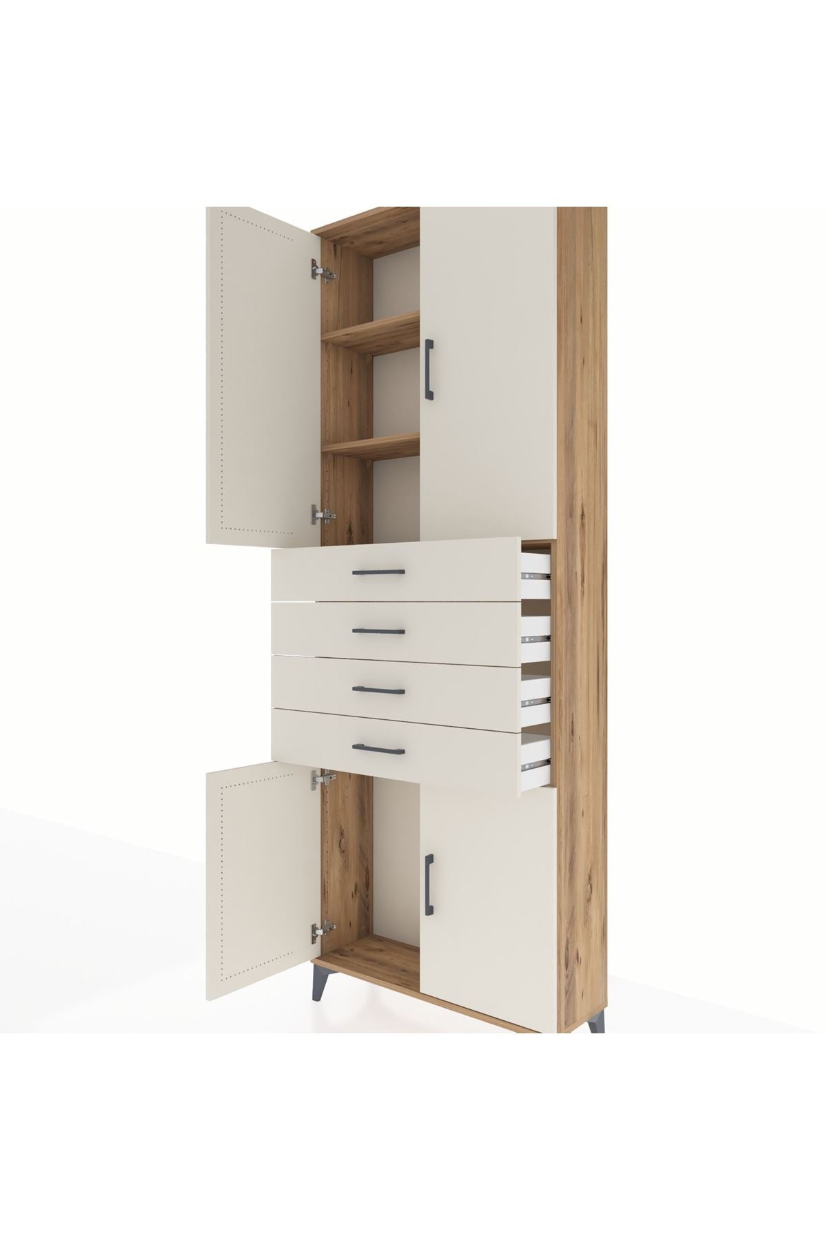 Arges Dolap 3 Raflı 4 Çekmeceli 4 Kapaklı 88x30x243 Çam-Aytaşı