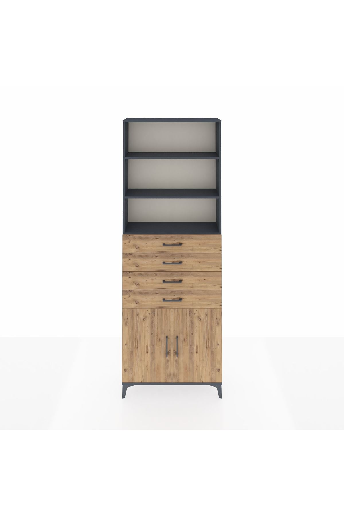 Arges Dolap 3 Raflı 4 Çekmeceli 2 Kapaklı 88x30x243 Antrasit-Çam