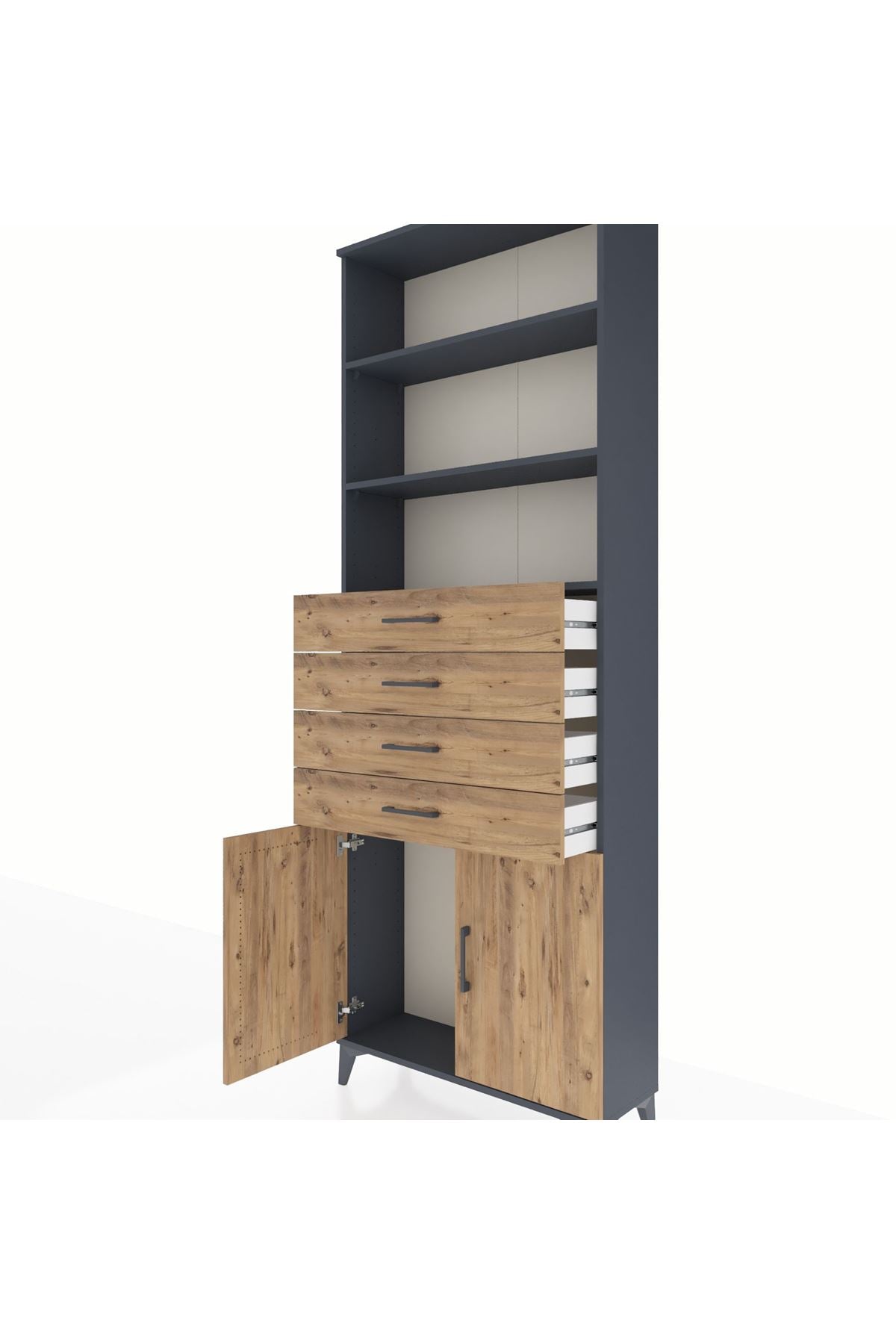 Arges Dolap 3 Raflı 4 Çekmeceli 2 Kapaklı 88x30x243 Antrasit-Çam