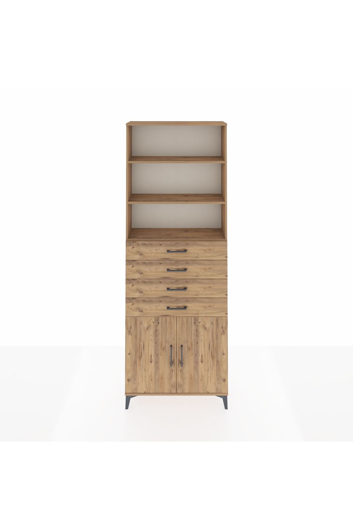 Arges Dolap 3 Raflı 4 Çekmeceli 2 Kapaklı 88x30x243 Çam-Çam