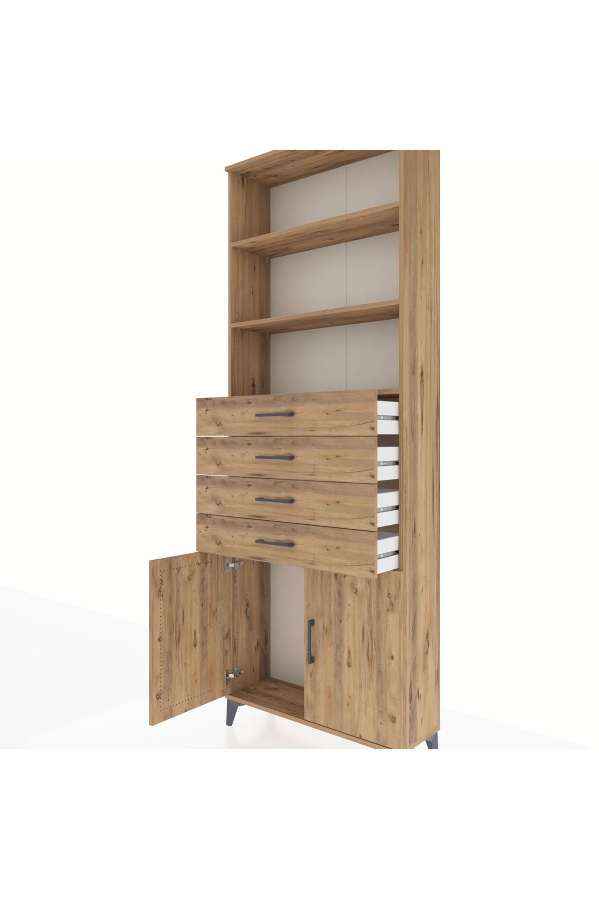 Arges Dolap 3 Raflı 4 Çekmeceli 2 Kapaklı 88x30x243 Çam-Çam