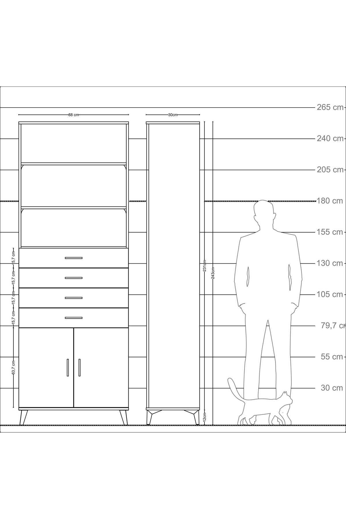 Arges Dolap 3 Raflı 4 Çekmeceli 2 Kapaklı 88x30x243 Çam-Çam