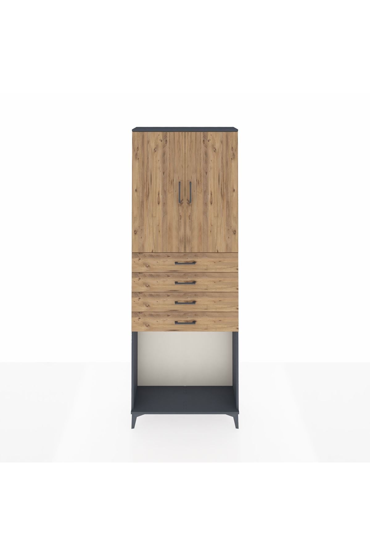 Arges Dolap 3 Raflı 4 Çekmeceli 2 Kapaklı 88x30x243 Antrasit-Çam