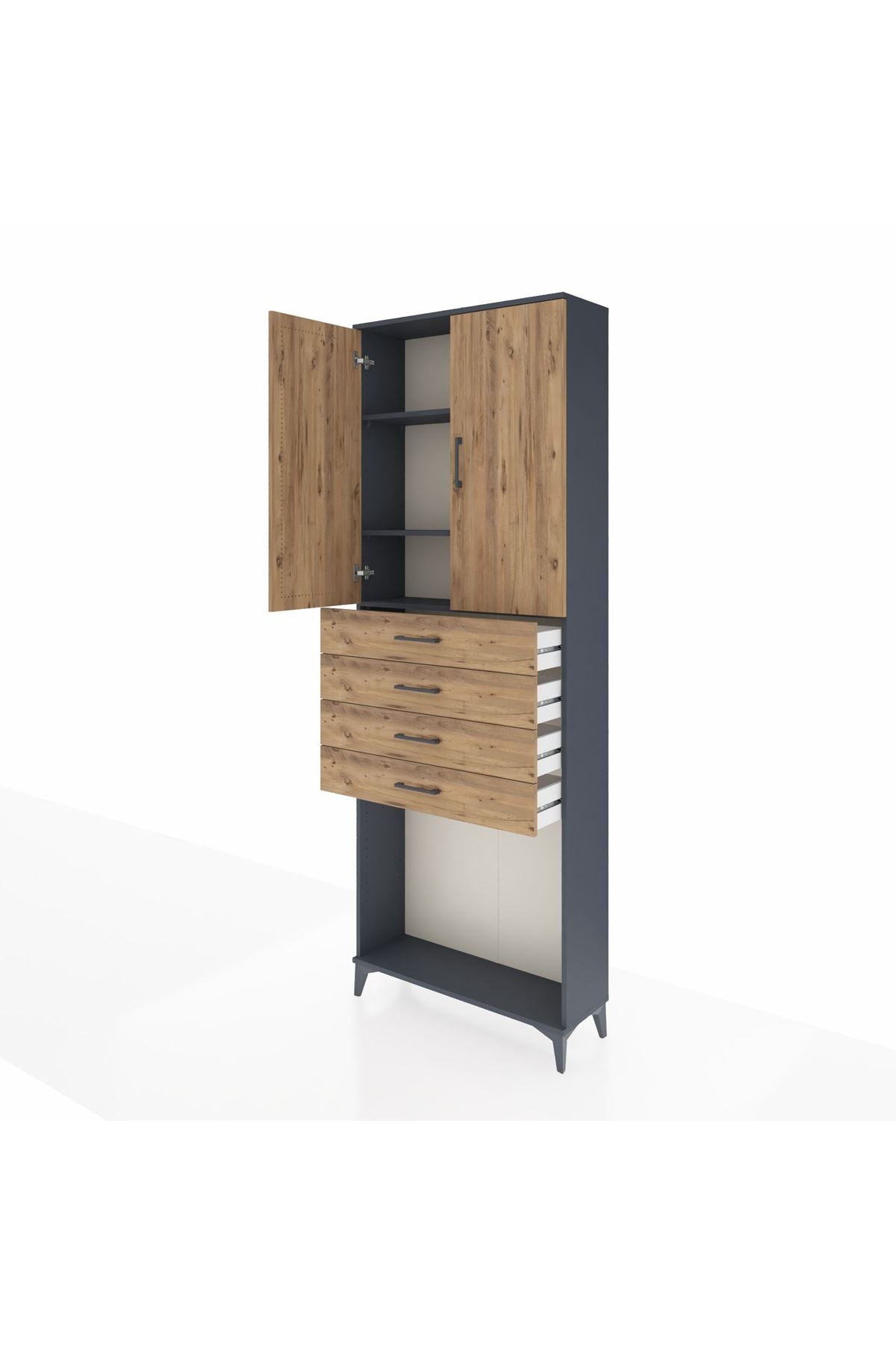 Arges Dolap 3 Raflı 4 Çekmeceli 2 Kapaklı 88x30x243 Antrasit-Çam