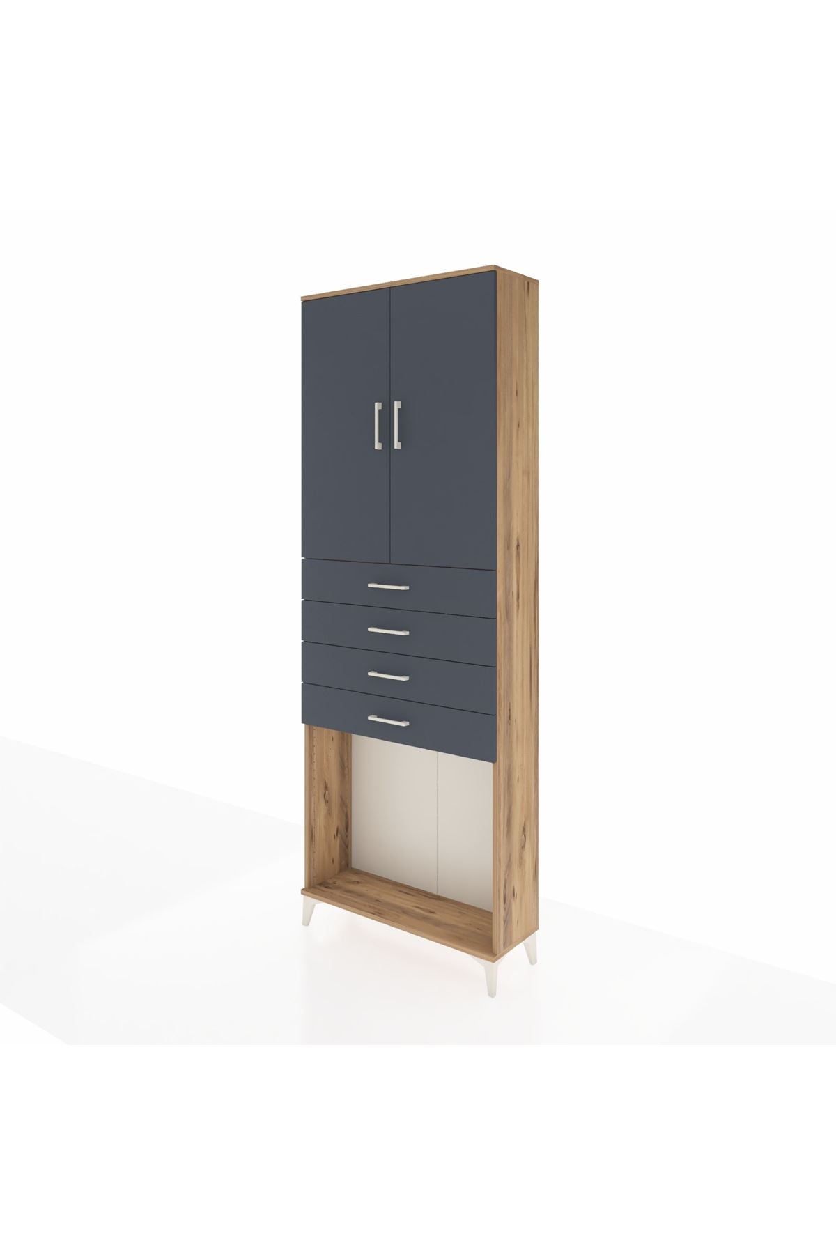 Arges Dolap 3 Raflı 4 Çekmeceli 2 Kapaklı 88x30x243 Çam-Antrasit