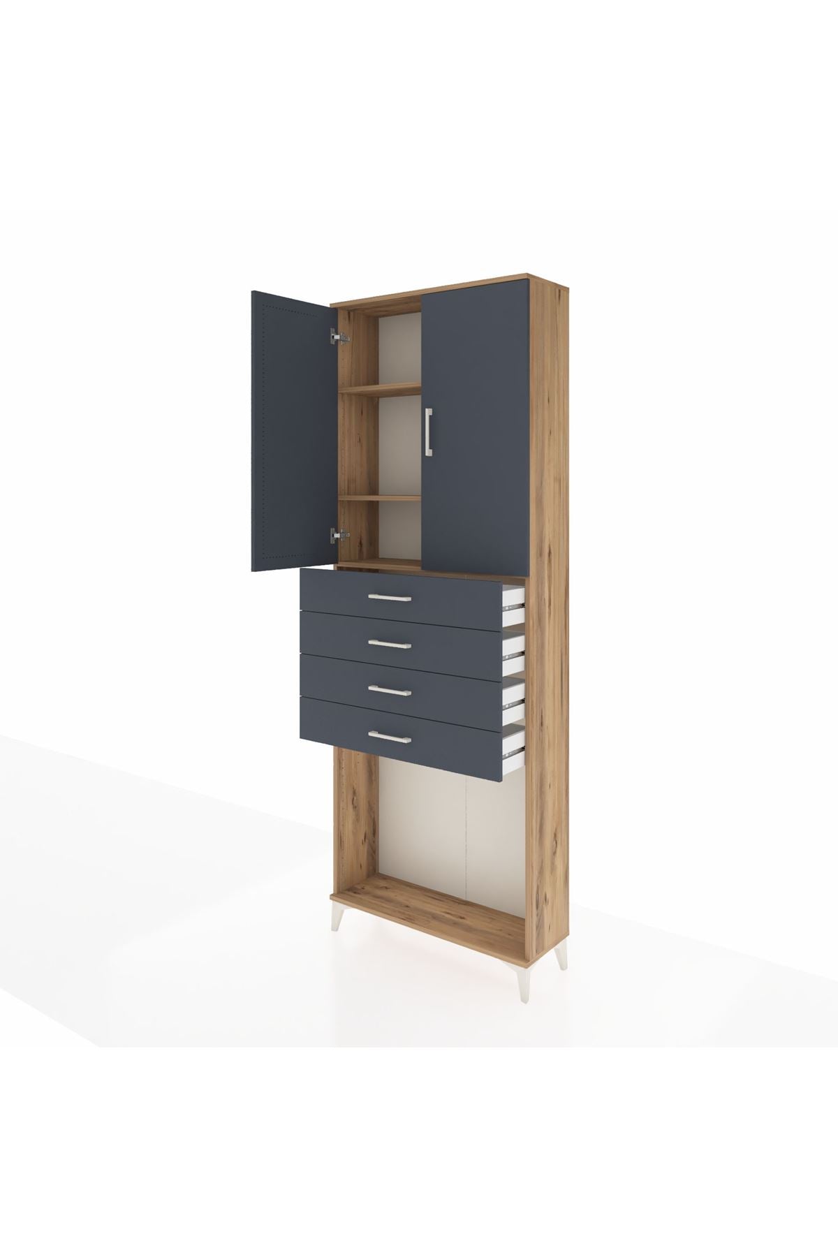 Arges Dolap 3 Raflı 4 Çekmeceli 2 Kapaklı 88x30x243 Çam-Antrasit