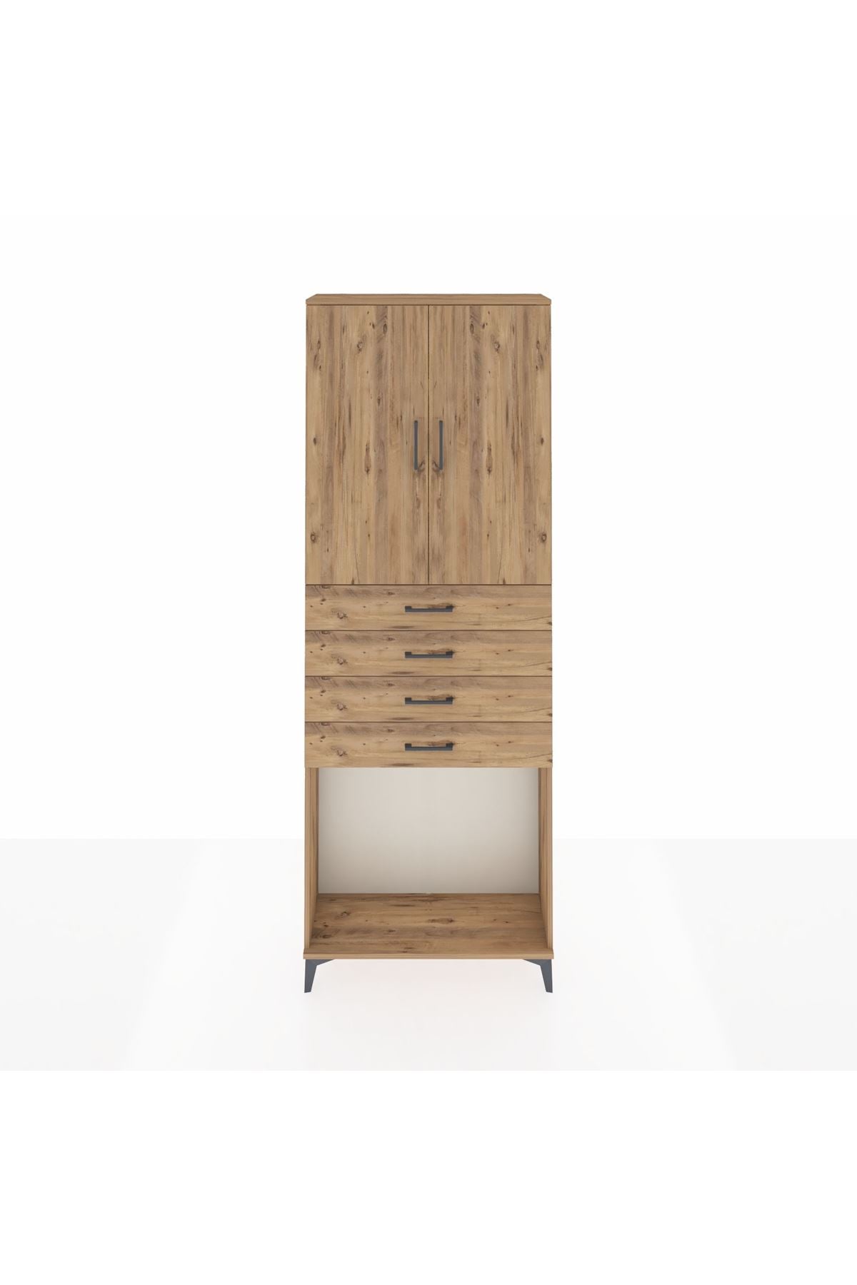 Arges Dolap 3 Raflı 4 Çekmeceli 2 Kapaklı 88x30x243 Çam-Çam