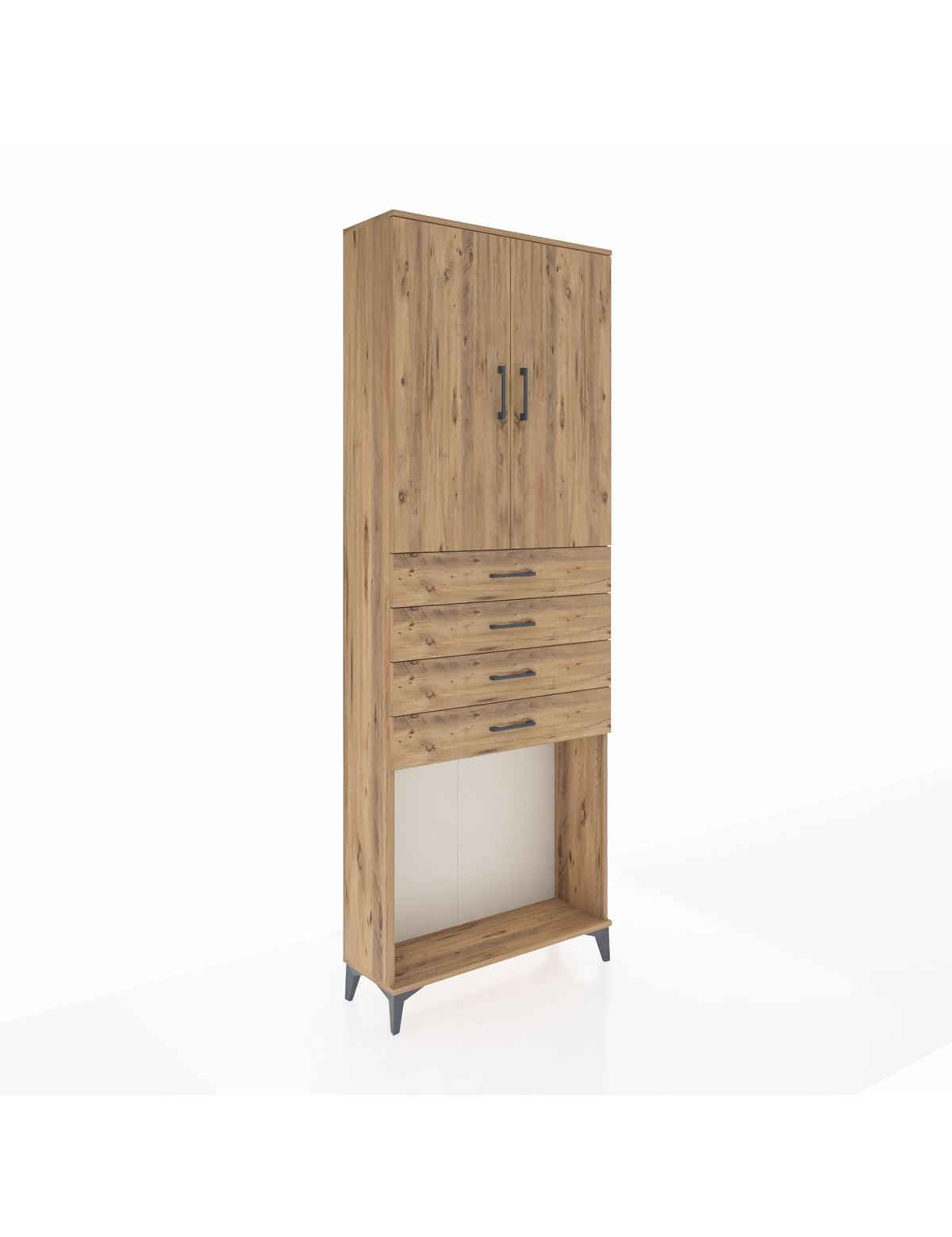 Arges Dolap 3 Raflı 4 Çekmeceli 2 Kapaklı 88x30x243 Çam-Çam