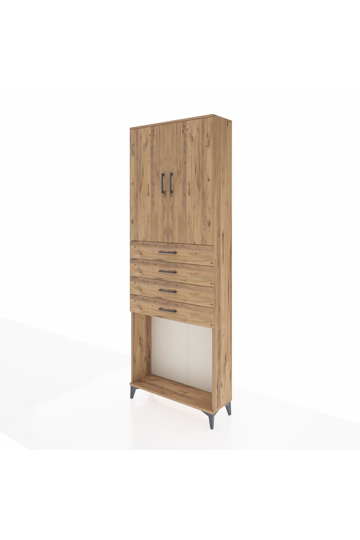 Arges Dolap 3 Raflı 4 Çekmeceli 2 Kapaklı 88x30x243 Çam-Çam