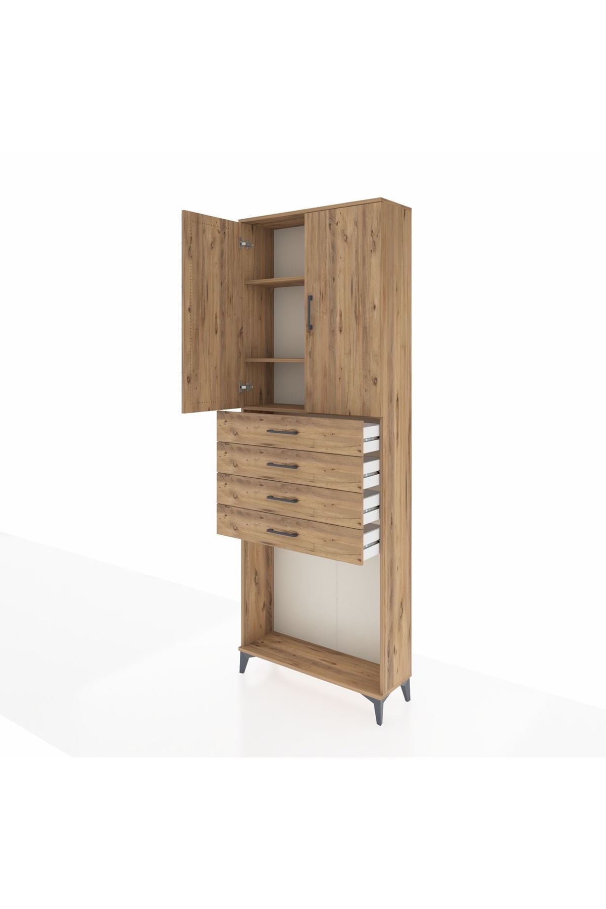 Arges Dolap 3 Raflı 4 Çekmeceli 2 Kapaklı 88x30x243 Çam-Çam