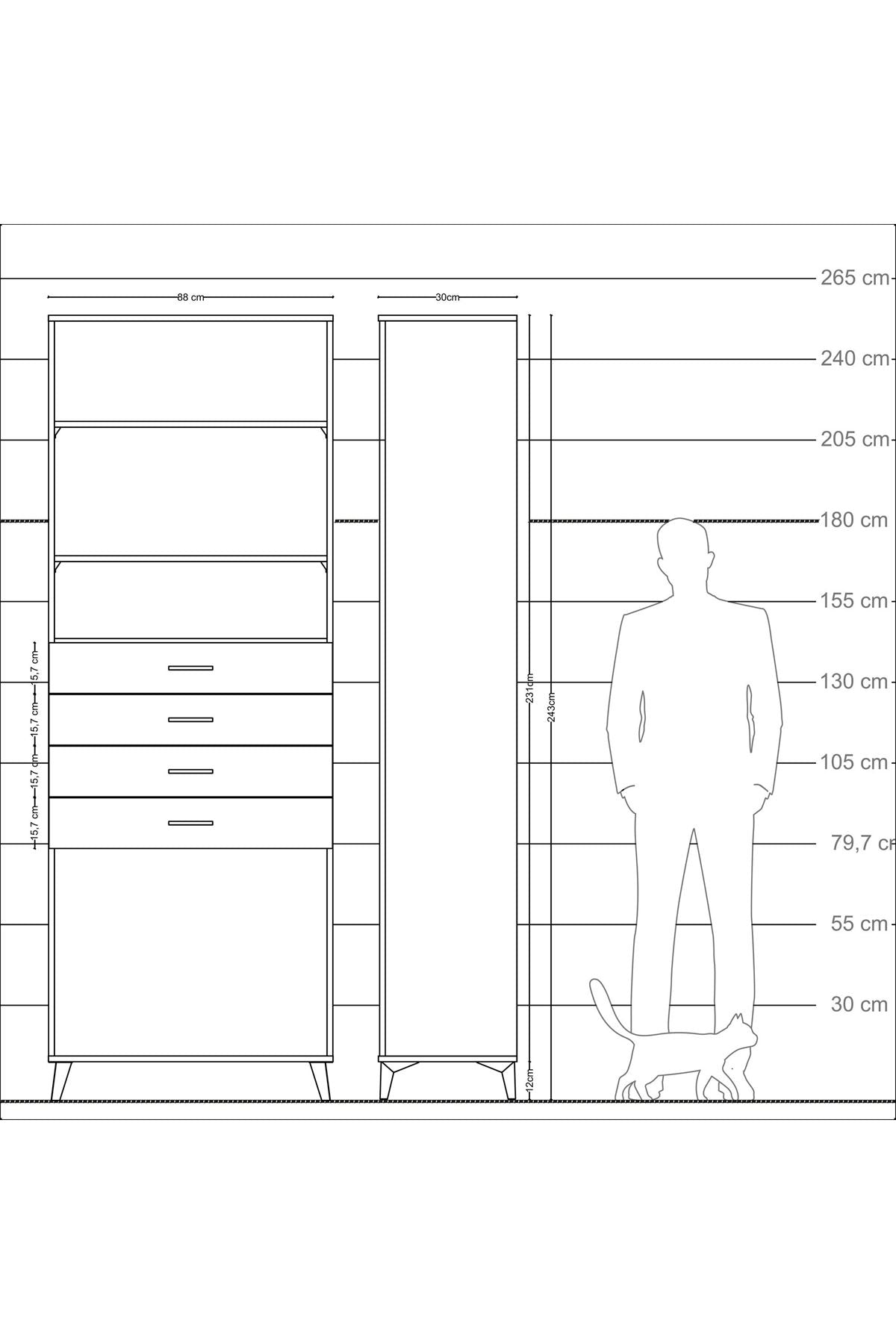 Arges Dolap 3 Raflı 4 Çekmeceli 88x30x243 Çam-Antrasit
