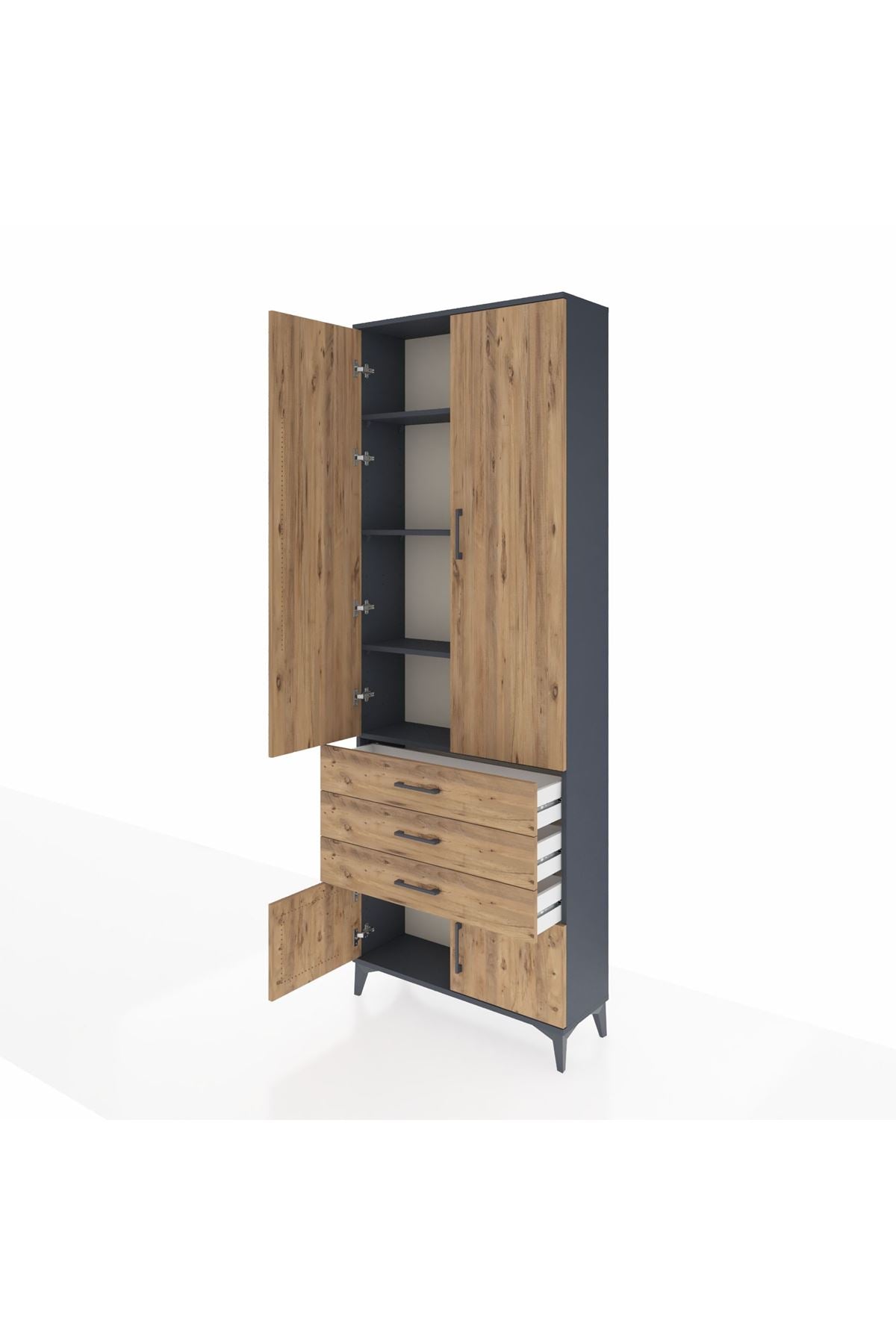 Arges Dolap 4 Raflı 3 Çekmeceli 4 Kapaklı 88x30x243 Antrasit-Çam