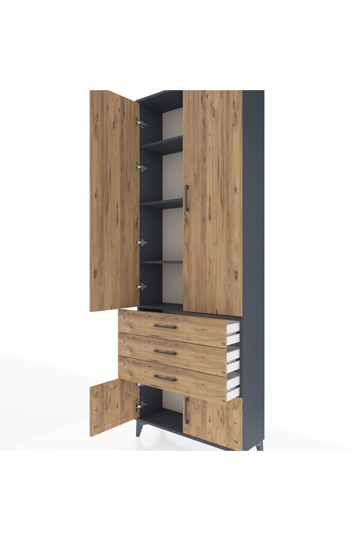 Arges Dolap 4 Raflı 3 Çekmeceli 4 Kapaklı 88x30x243 Antrasit-Çam