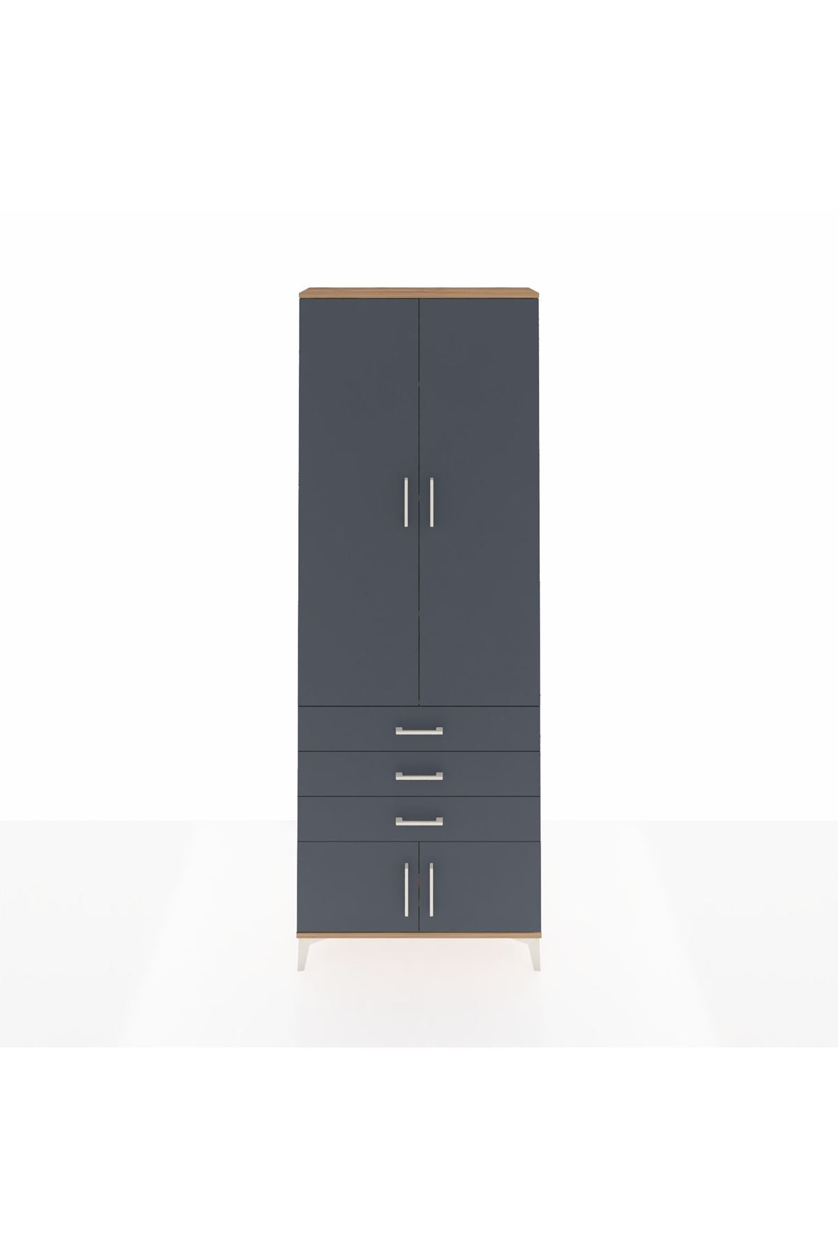 Arges Dolap 4 Raflı 3 Çekmeceli 4 Kapaklı 88x30x243 Çam-Antrasit