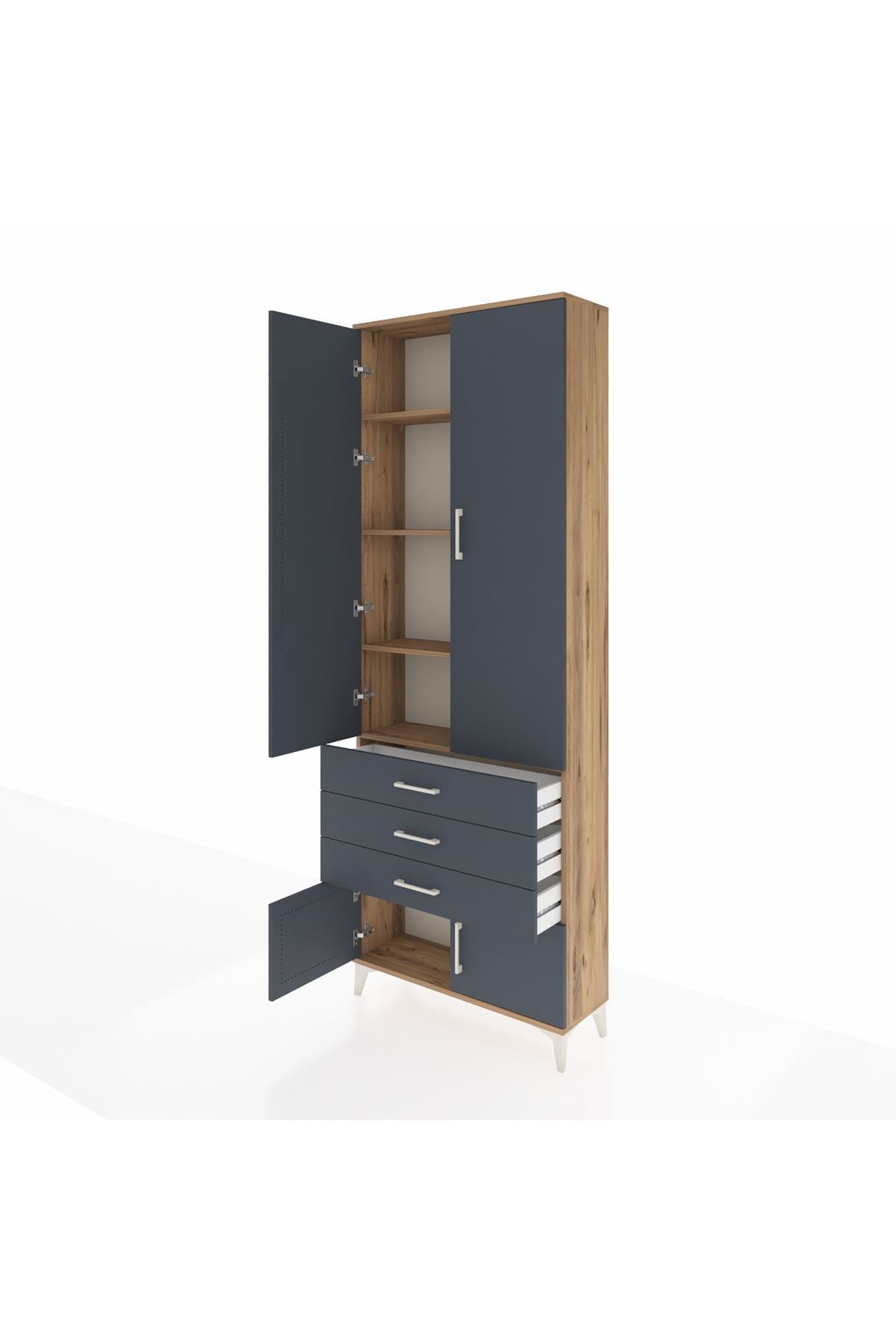 Arges Dolap 4 Raflı 3 Çekmeceli 4 Kapaklı 88x30x243 Çam-Antrasit