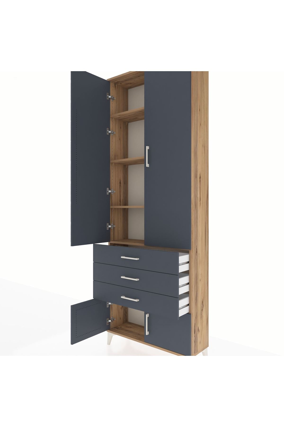 Arges Dolap 4 Raflı 3 Çekmeceli 4 Kapaklı 88x30x243 Çam-Antrasit