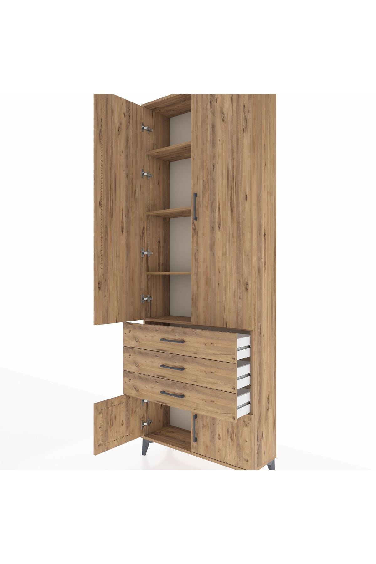 Arges Dolap 4 Raflı 3 Çekmeceli 4 Kapaklı 88x30x243 Çam-Çam