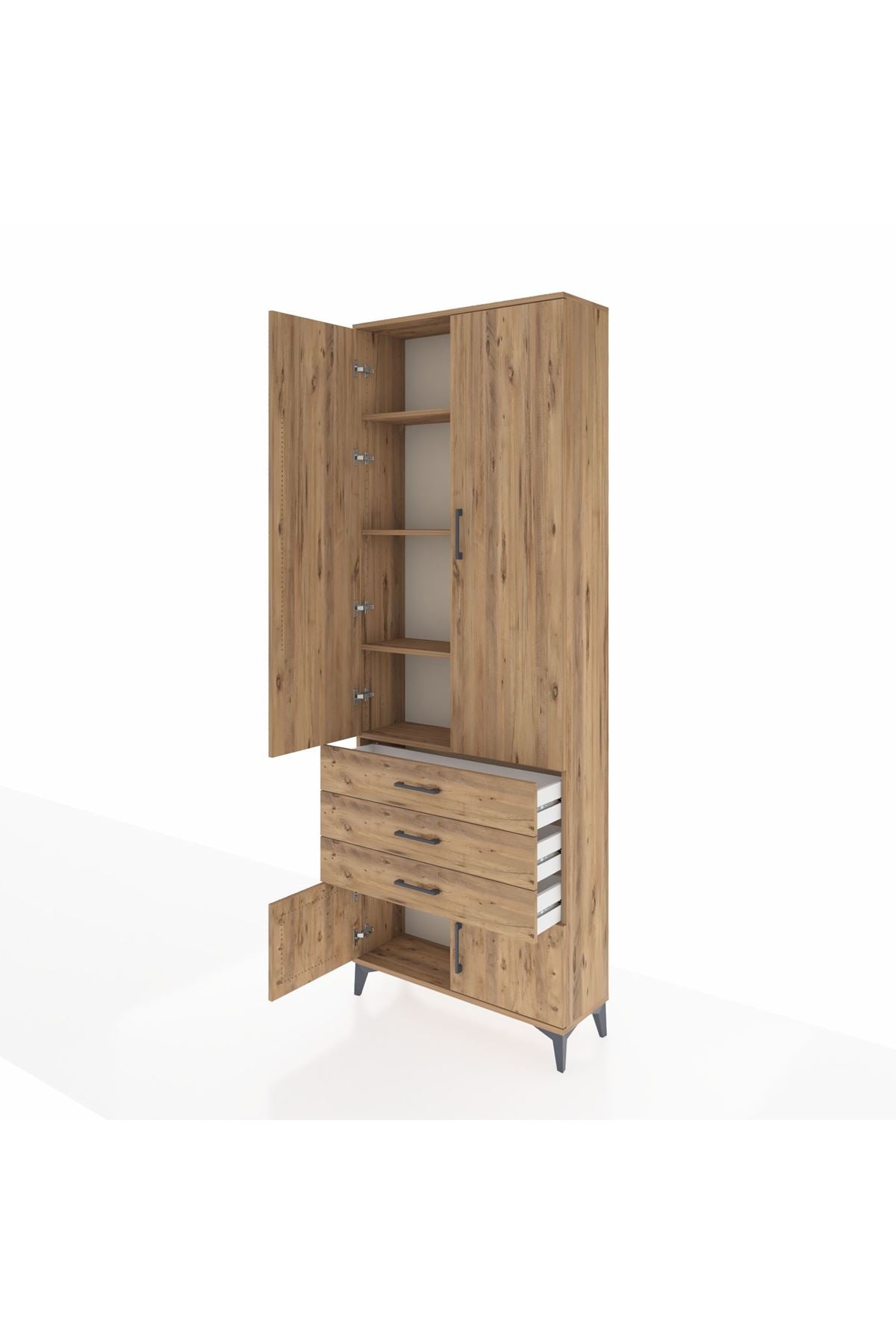 Arges Dolap 4 Raflı 3 Çekmeceli 4 Kapaklı 88x30x243 Çam-Çam