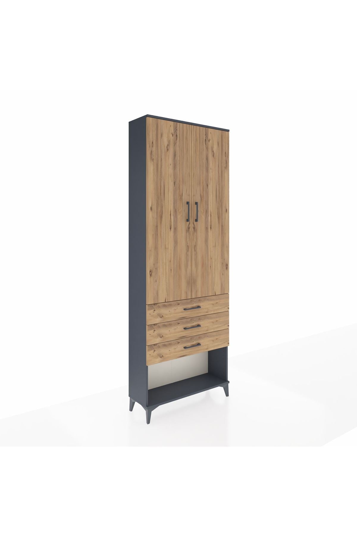 Arges Dolap 4 Raflı 3 Çekmeceli 2 Kapaklı 88x30x243 Antrasit-Çam