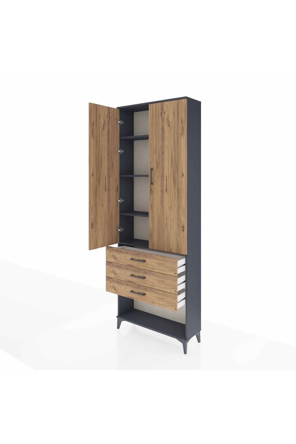 Arges Dolap 4 Raflı 3 Çekmeceli 2 Kapaklı 88x30x243 Antrasit-Çam