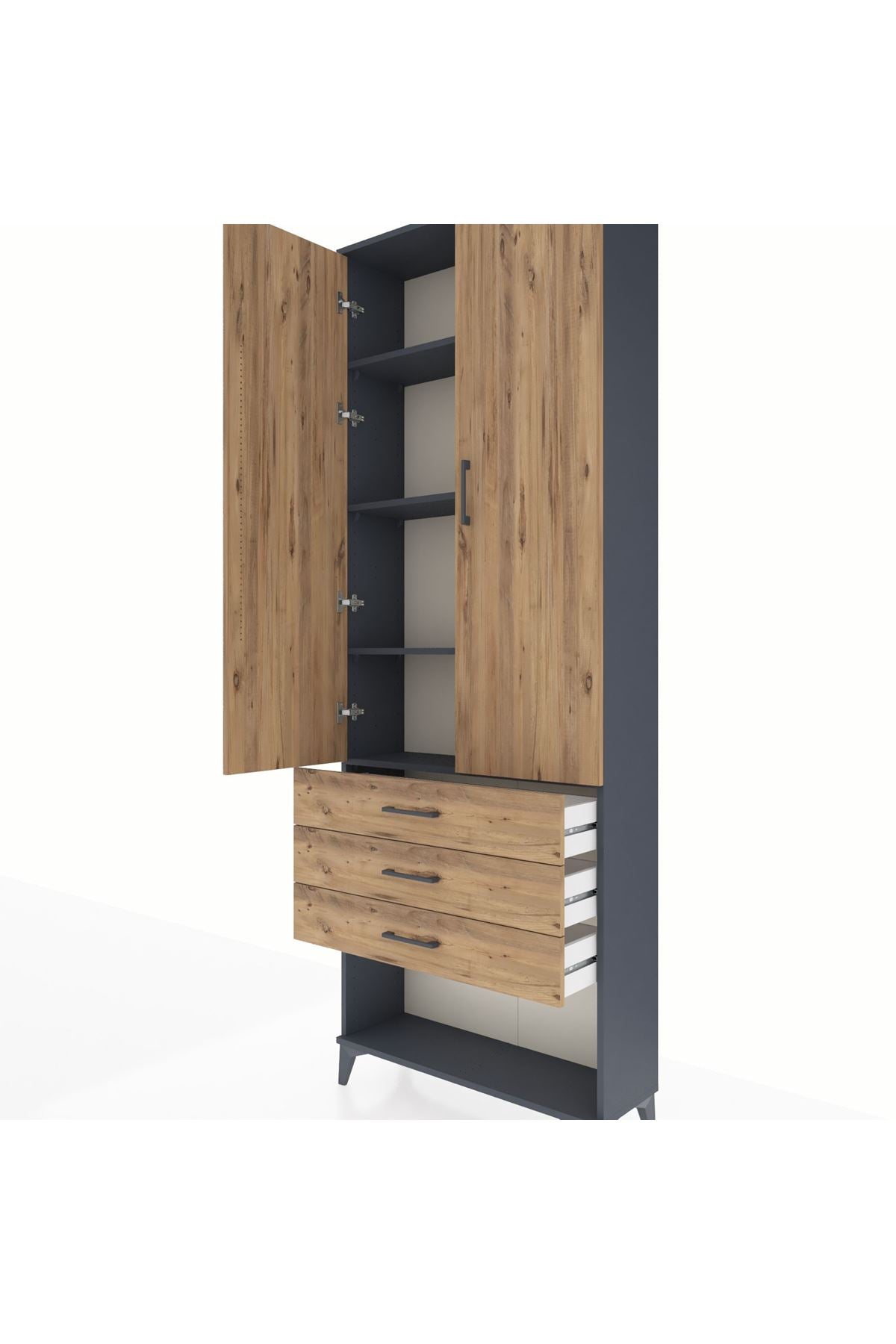 Arges Dolap 4 Raflı 3 Çekmeceli 2 Kapaklı 88x30x243 Antrasit-Çam