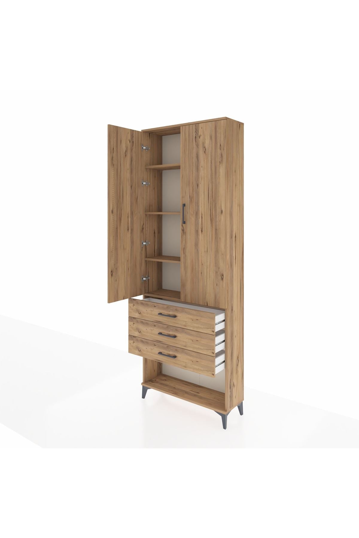 Arges Dolap 4 Raflı 3 Çekmeceli 2 Kapaklı 88x30x243 Çam-Çam