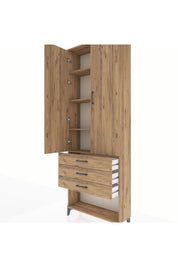 Arges Dolap 4 Raflı 3 Çekmeceli 2 Kapaklı 88x30x243 Çam-Çam