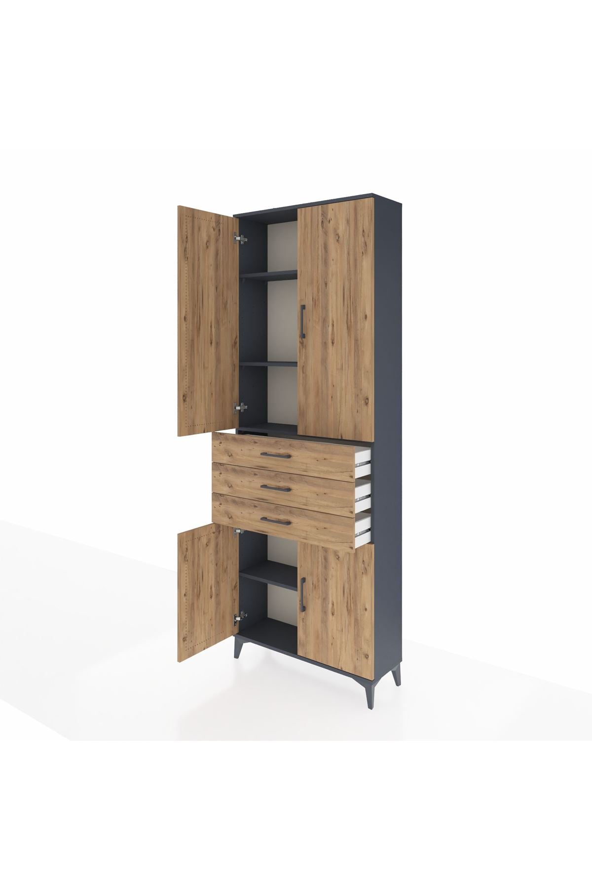 Arges Dolap 4 Raflı 3 Çekmeceli 4 Kapaklı 88x30x243 Antrasit-Çam