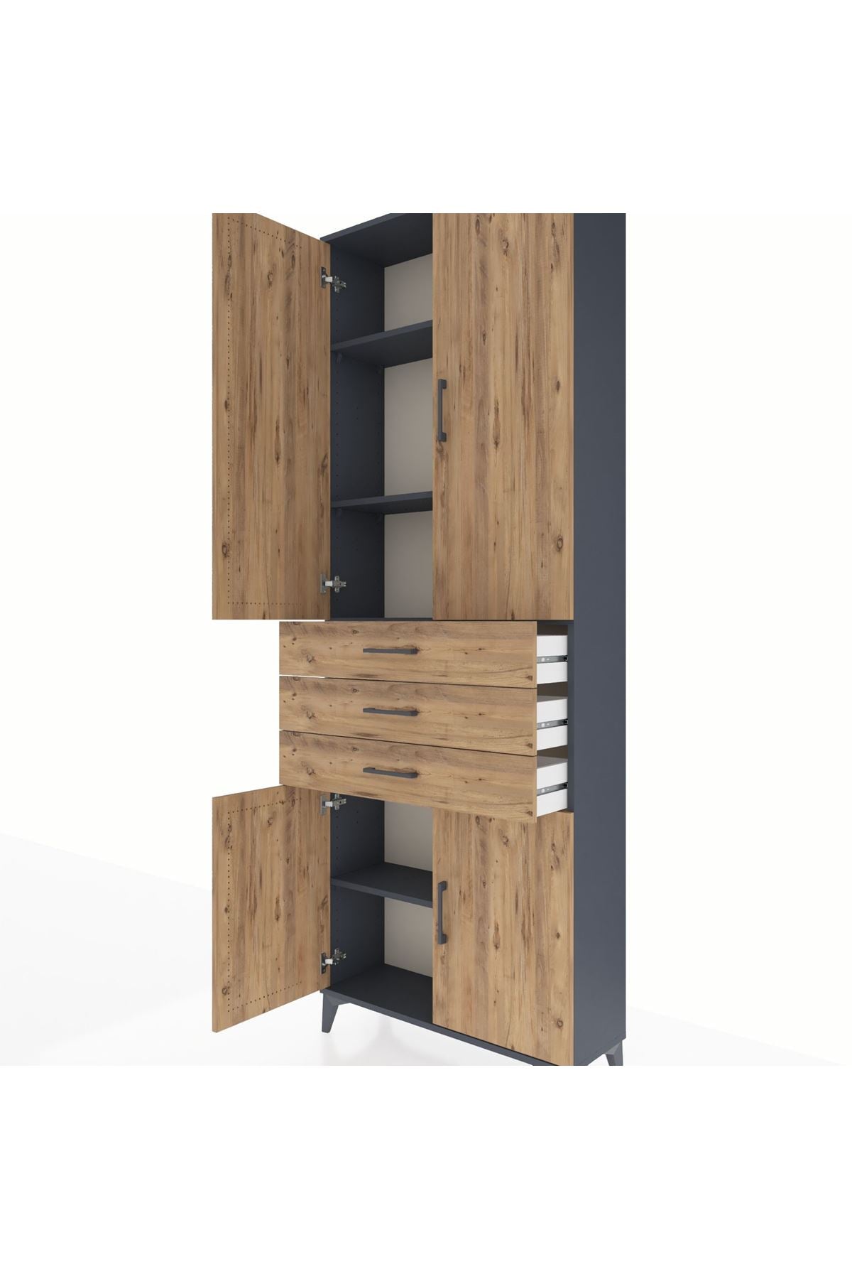 Arges Dolap 4 Raflı 3 Çekmeceli 4 Kapaklı 88x30x243 Antrasit-Çam