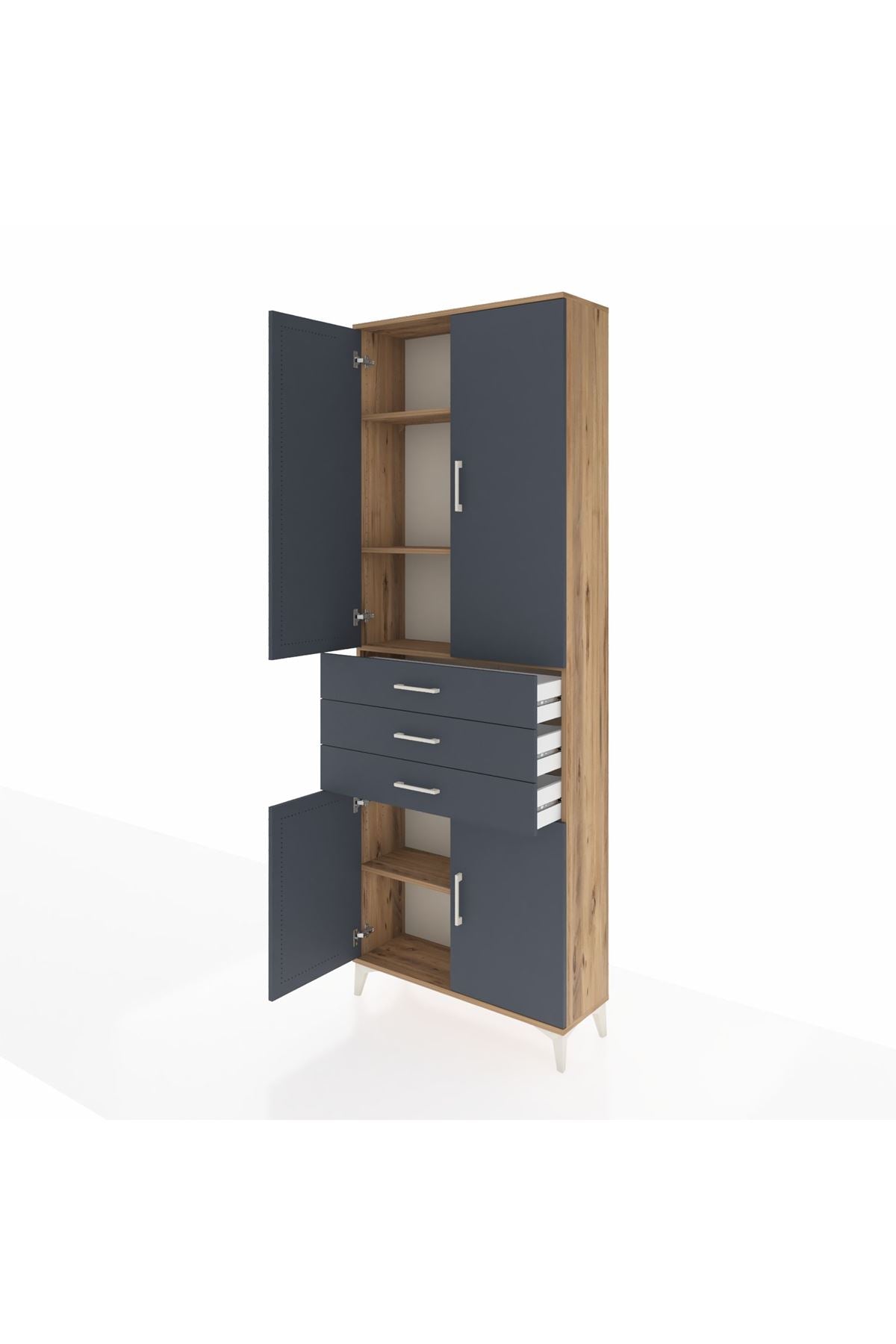 Arges Dolap 4 Raflı 3 Çekmeceli 4 Kapaklı 88x30x243 Çam-Antrasit