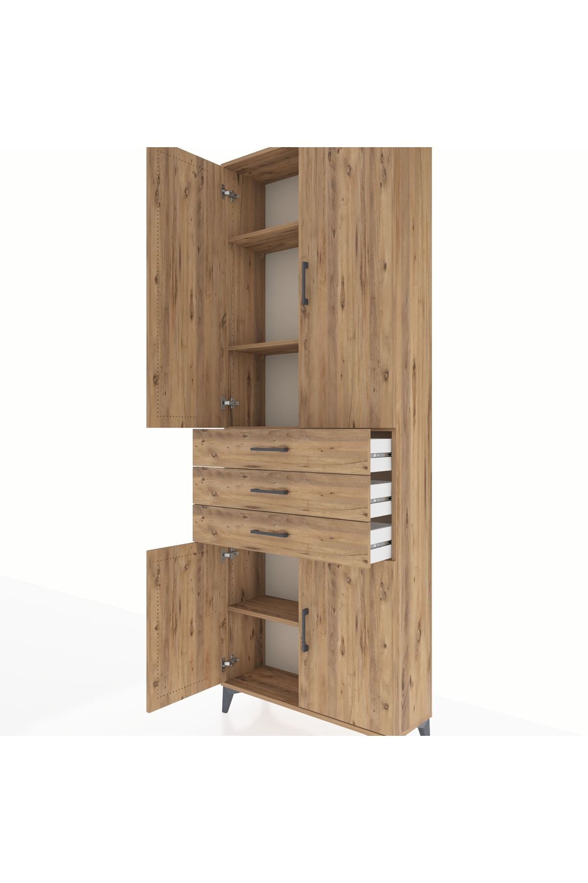 Arges Dolap 4 Raflı 3 Çekmeceli 4 Kapaklı 88x30x243 Çam-Çam