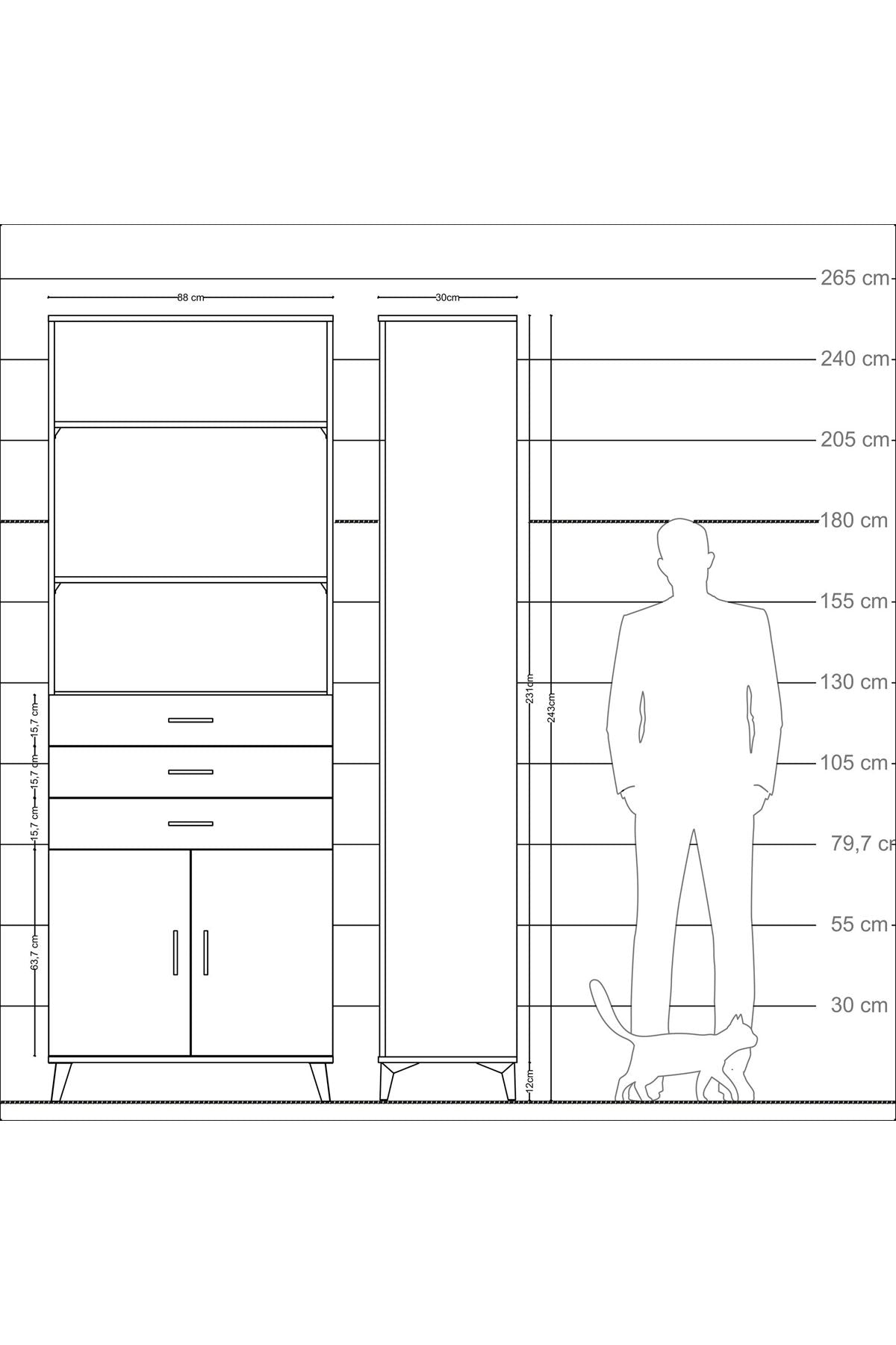Arges Dolap 4 Raflı 3 Çekmeceli 2 Kapaklı 88x30x243 Antrasit-Antrasit