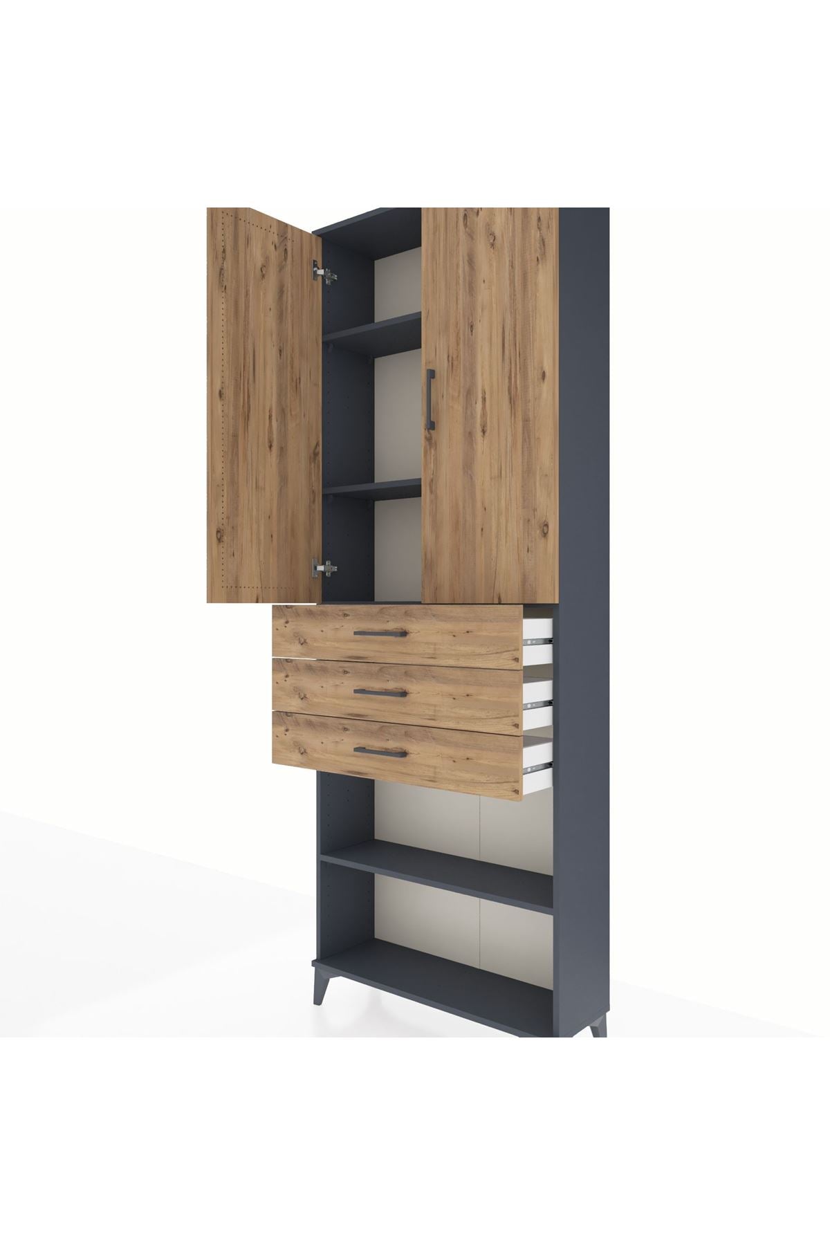 Arges Dolap 4 Raflı 3 Çekmeceli 2 Kapaklı 88x30x243 Antrasit-Çam