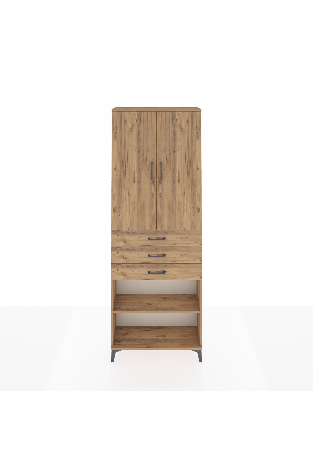 Arges Dolap 4 Raflı 3 Çekmeceli 2 Kapaklı 88x30x243 Çam-Çam