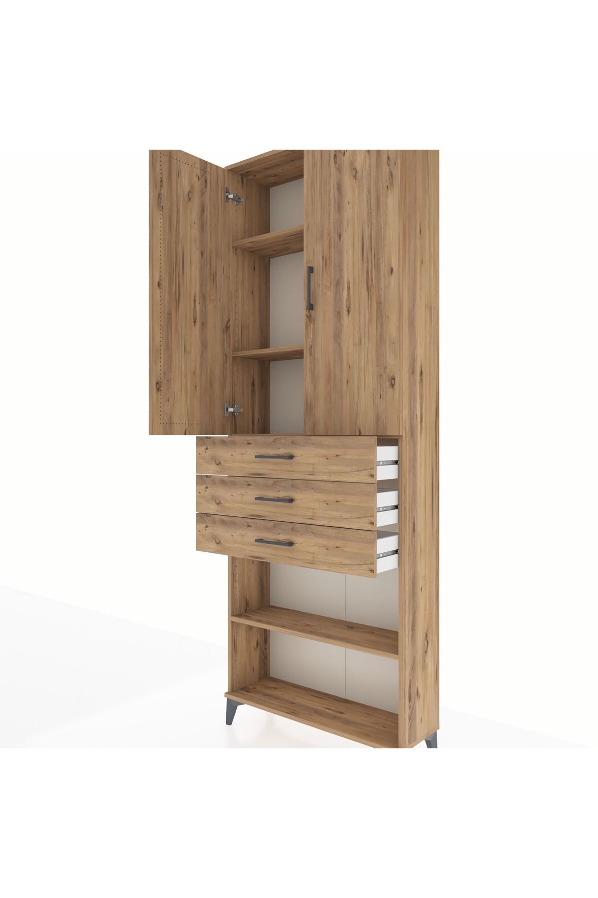 Arges Dolap 4 Raflı 3 Çekmeceli 2 Kapaklı 88x30x243 Çam-Çam