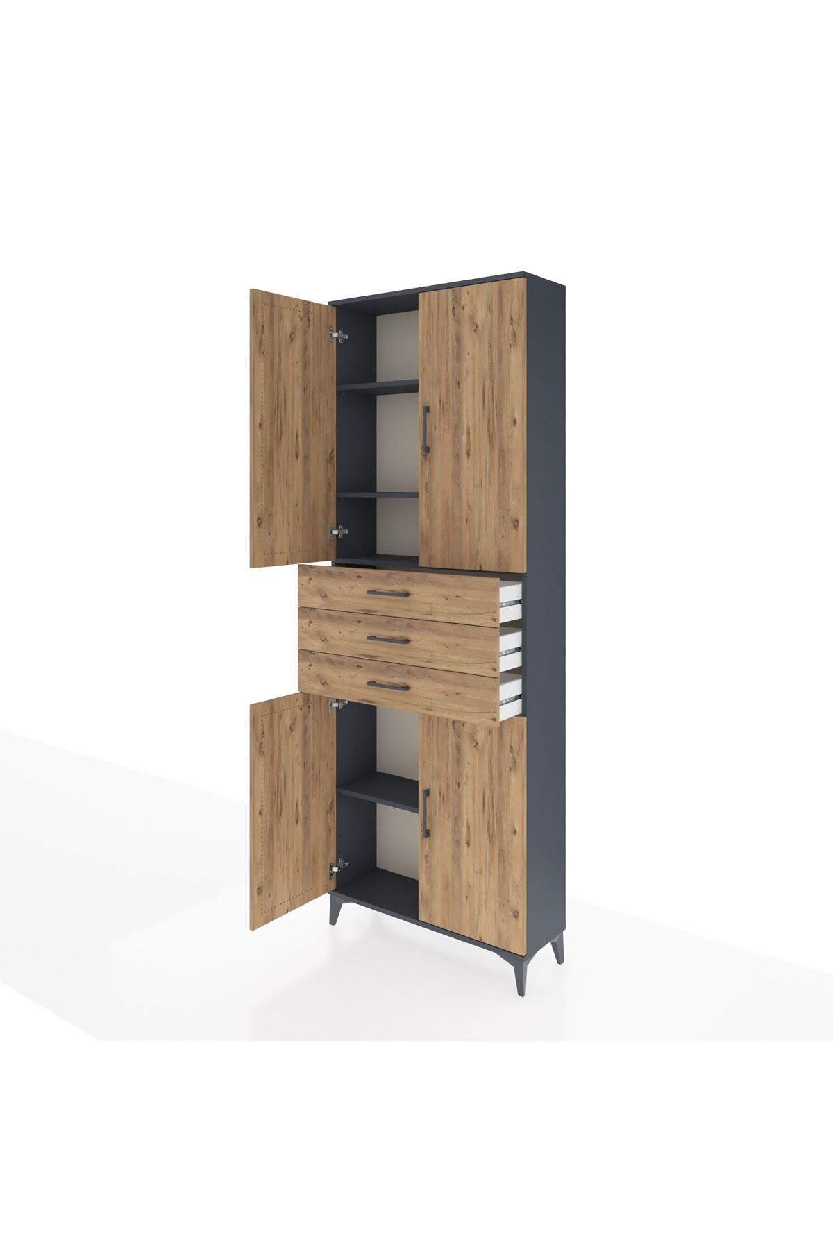 Arges Dolap 4 Raflı 3 Çekmeceli 4 Kapaklı 88x30x243 Antrasit-Çam