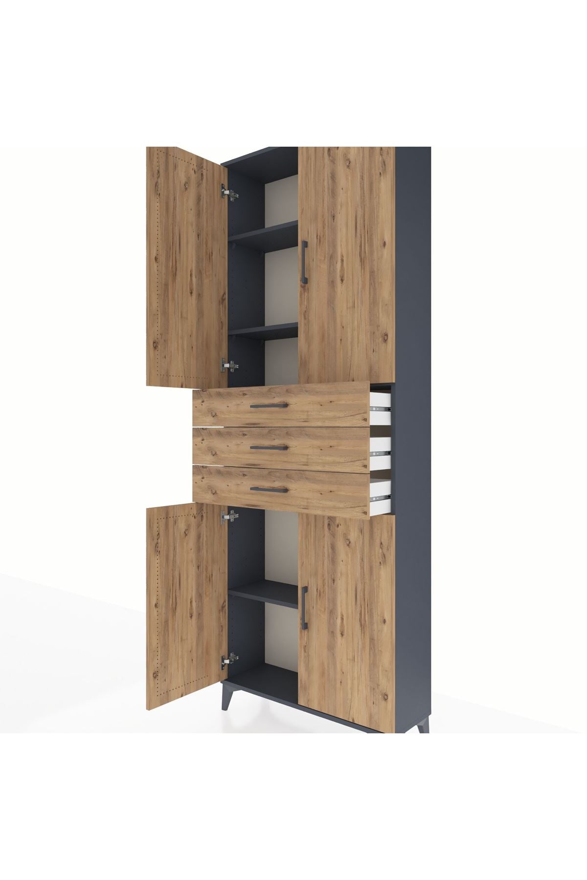 Arges Dolap 4 Raflı 3 Çekmeceli 4 Kapaklı 88x30x243 Antrasit-Çam