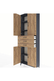 Arges Dolap 4 Raflı 3 Çekmeceli 4 Kapaklı 88x30x243 Antrasit-Çam