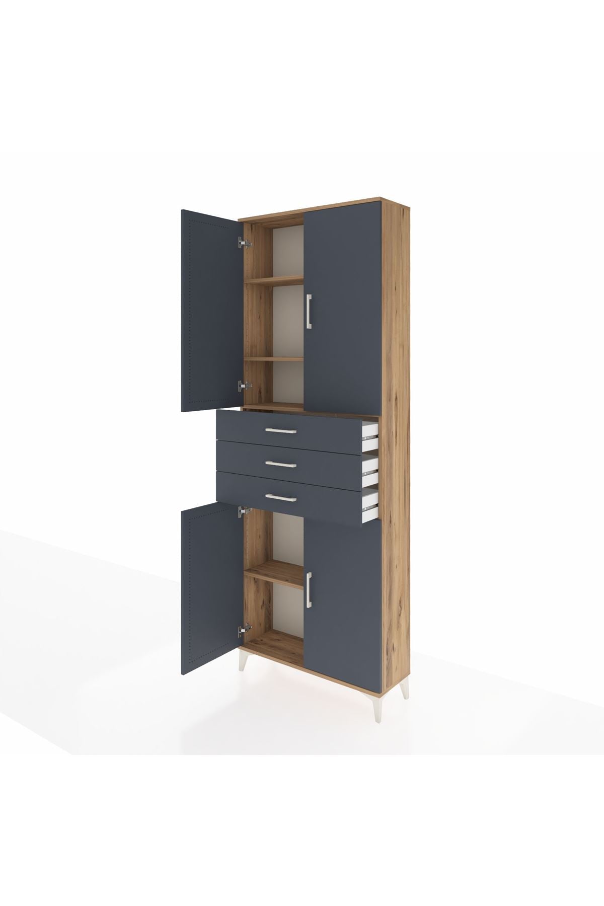 Arges Dolap 4 Raflı 3 Çekmeceli 4 Kapaklı 88x30x243 Çam-Antrasit