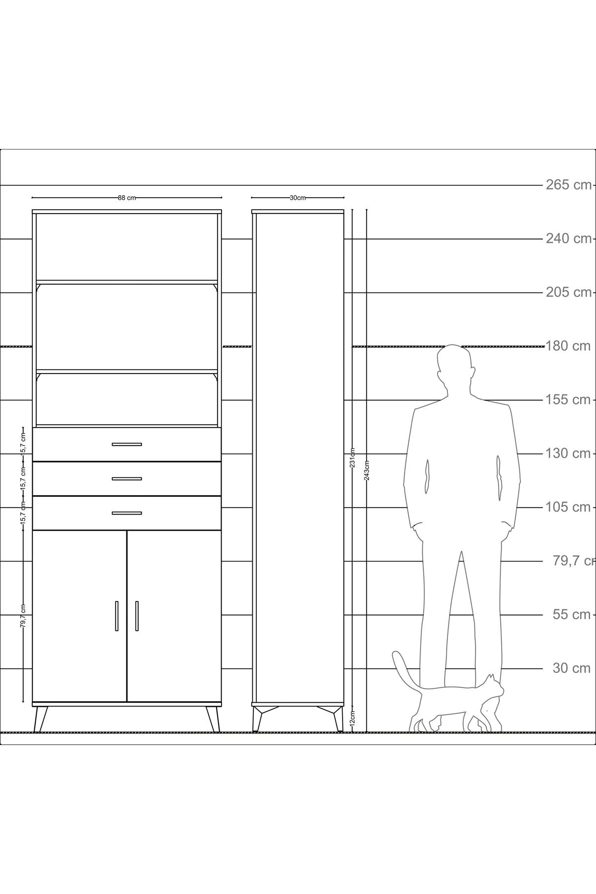 Arges Dolap 4 Raflı 3 Çekmeceli 2 Kapaklı 88x30x243 Antrasit-Aytaşı
