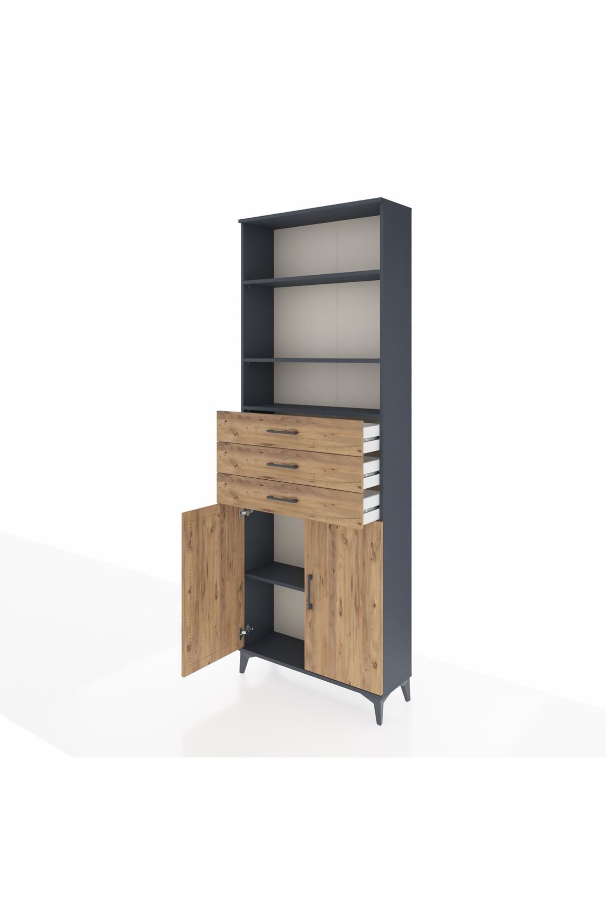 Arges Dolap 4 Raflı 3 Çekmeceli 2 Kapaklı 88x30x243 Antrasit-Çam