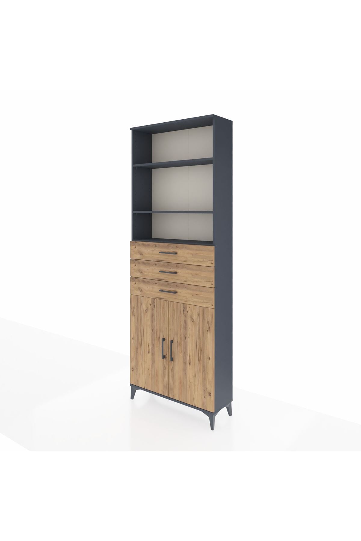 Arges Dolap 4 Raflı 3 Çekmeceli 2 Kapaklı 88x30x243 Antrasit-Çam