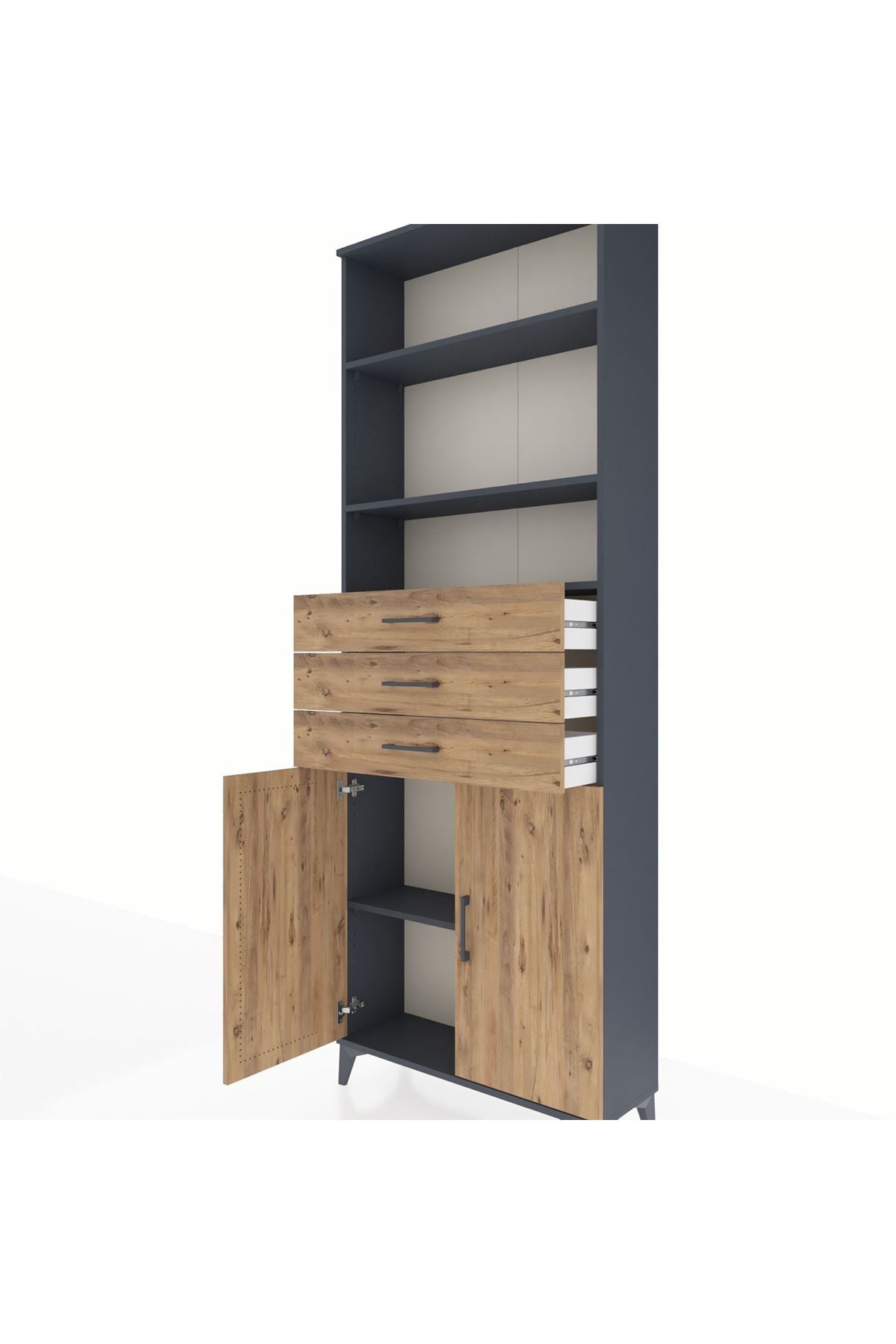 Arges Dolap 4 Raflı 3 Çekmeceli 2 Kapaklı 88x30x243 Antrasit-Çam