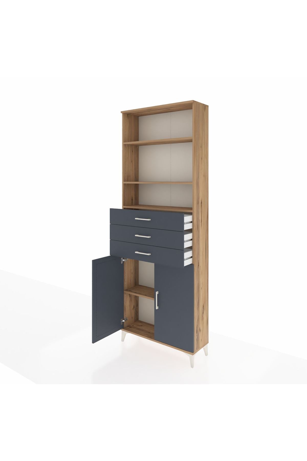 Arges Dolap 4 Raflı 3 Çekmeceli 2 Kapaklı 88x30x243 Çam-Antrasit