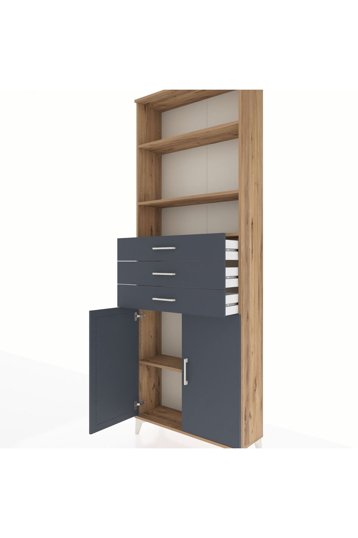 Arges Dolap 4 Raflı 3 Çekmeceli 2 Kapaklı 88x30x243 Çam-Antrasit