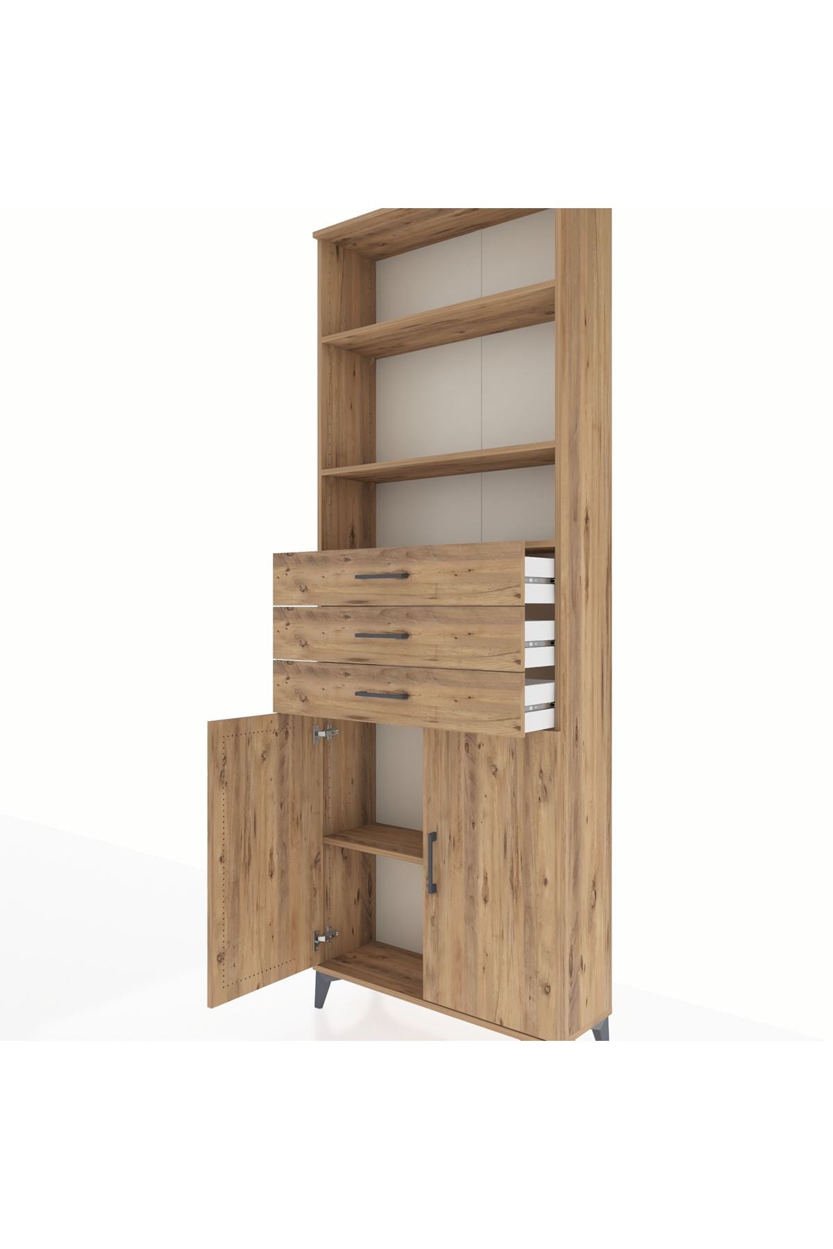 Arges Dolap 4 Raflı 3 Çekmeceli 2 Kapaklı 88x30x243 Çam-Çam