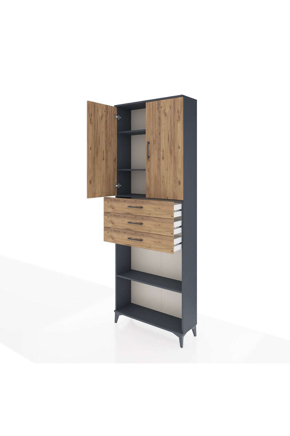 Arges Dolap 4 Raflı 3 Çekmeceli 2 Kapaklı 88x30x243 Antrasit-Çam