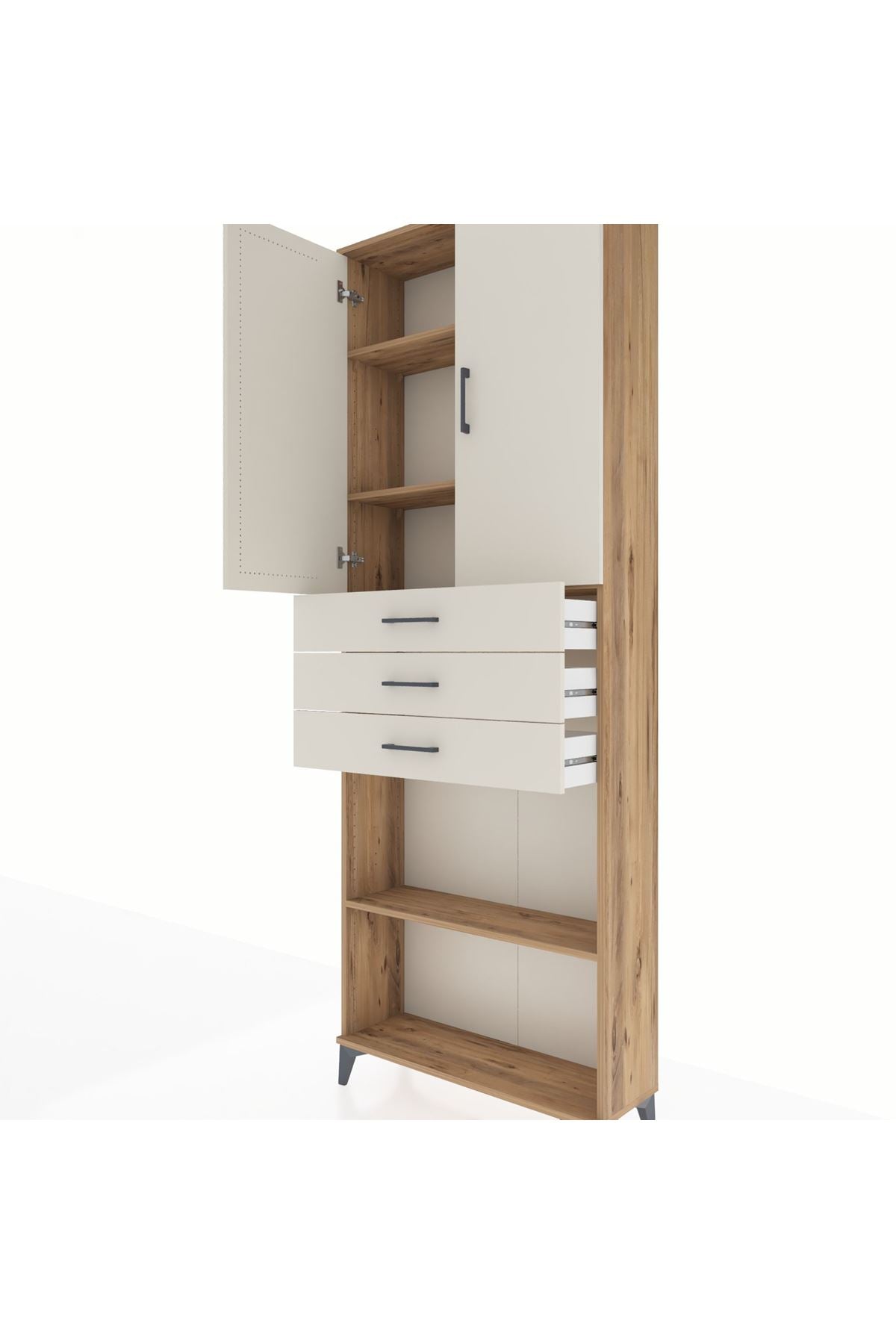 Arges Dolap 4 Raflı 3 Çekmeceli 2 Kapaklı 88x30x243 Çam-Aytaşı